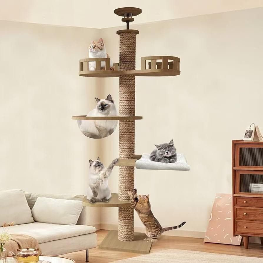 キャットタワー 突っ張り 木製 キャットツリー 木登りタワー 多層無垢材 太い支