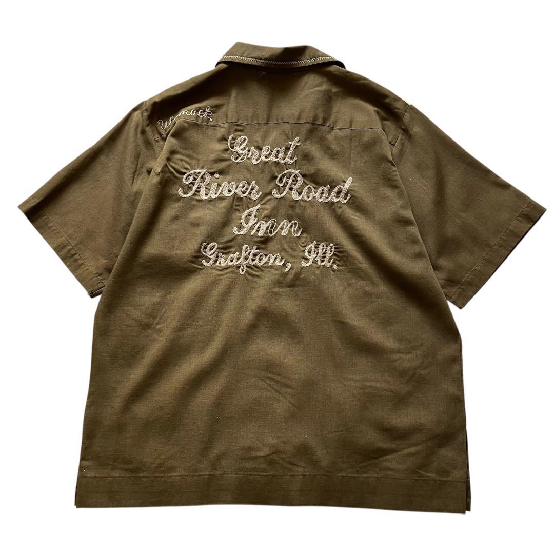 70's USA製 キングルイ チェーン刺繍 ボウリングシャツ 茶ベージュ L