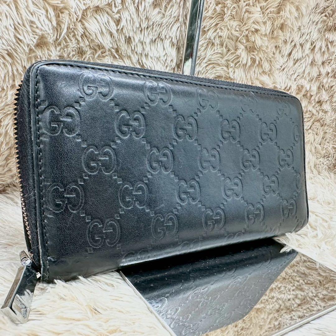 【美品】GUCCI 長財布 ラウンドファスナー シマ GG ブラック