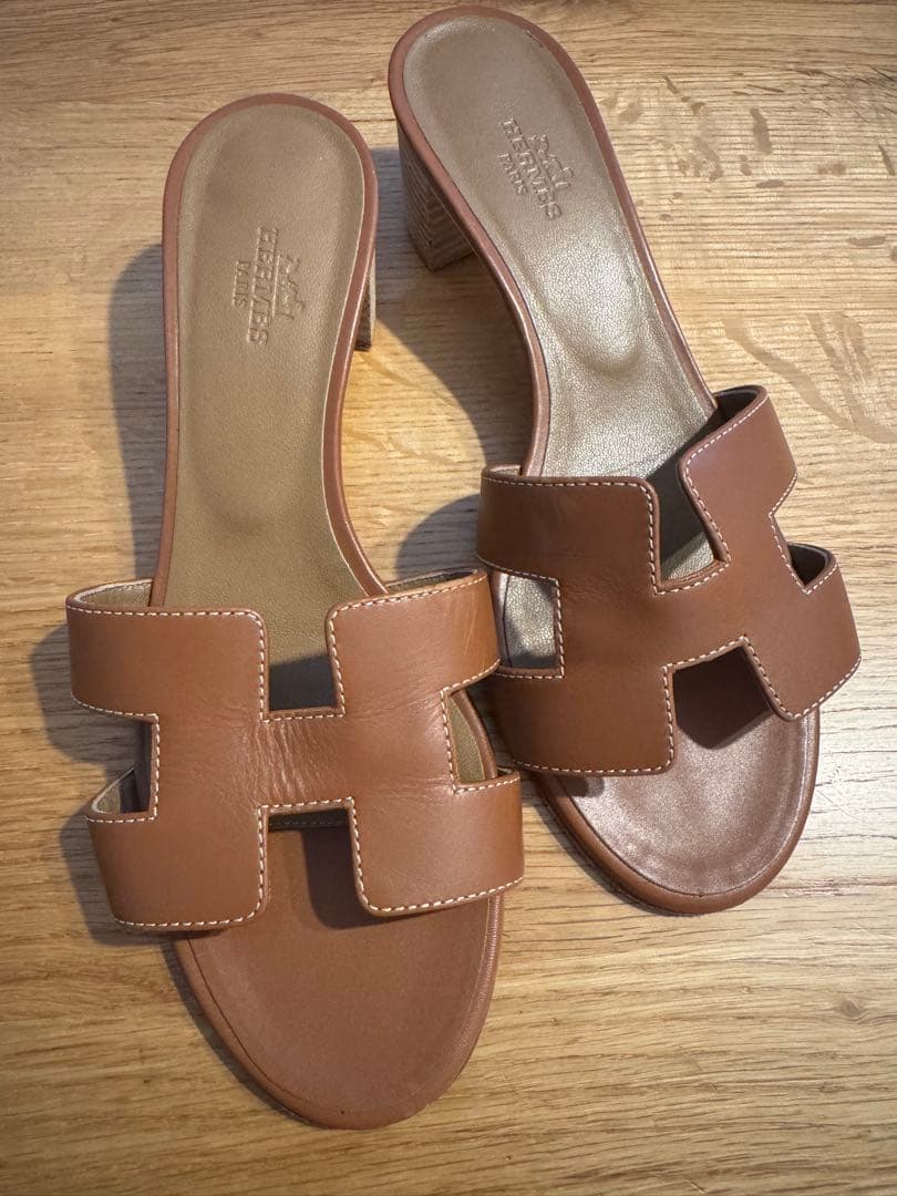 エルメス　オアシス　ブラウンレザーサンダル 中ヒール エルメス袋あり