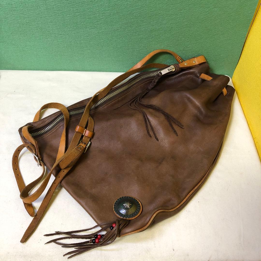 と89●REDMOON レッドムーン レザー巾着ショルダーバッグ 本革 ブラウン