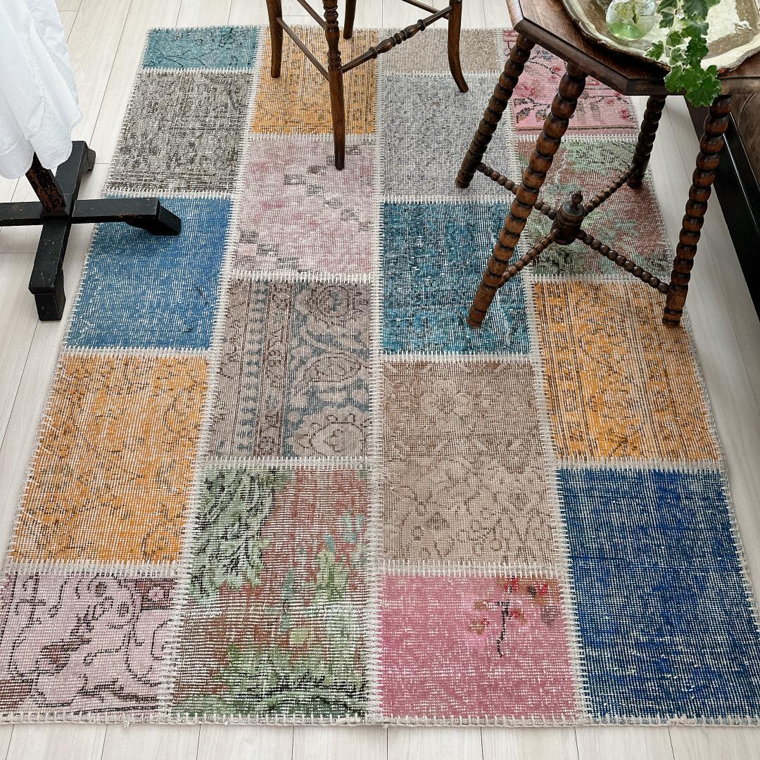 トルコ製ヴィンテージラグ915 レア 高級 ブルー イエロー パッチワーク