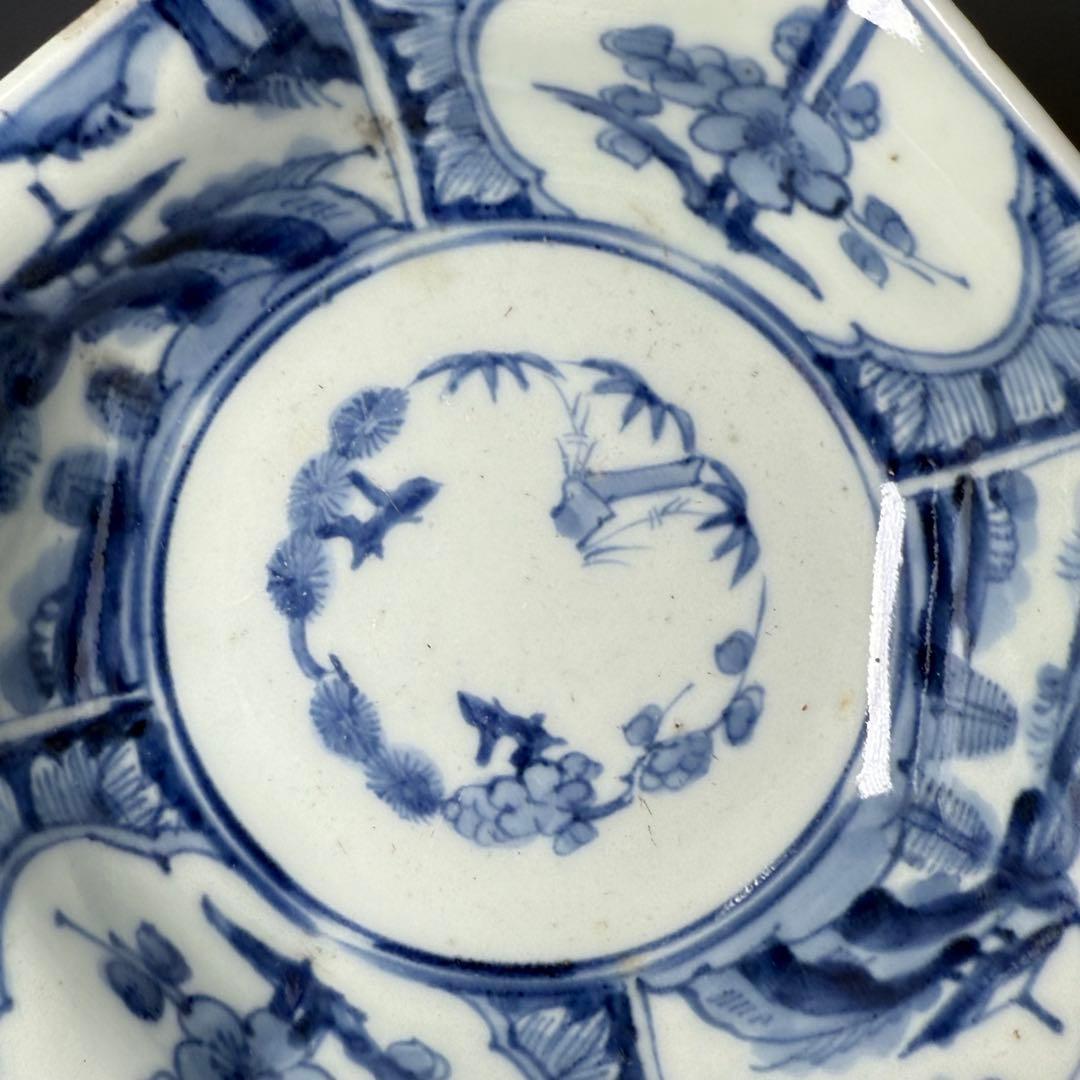 江戸期　渦福　藍柿右衛門　染付松竹梅山水図八角皿　九客　裏唐草文様