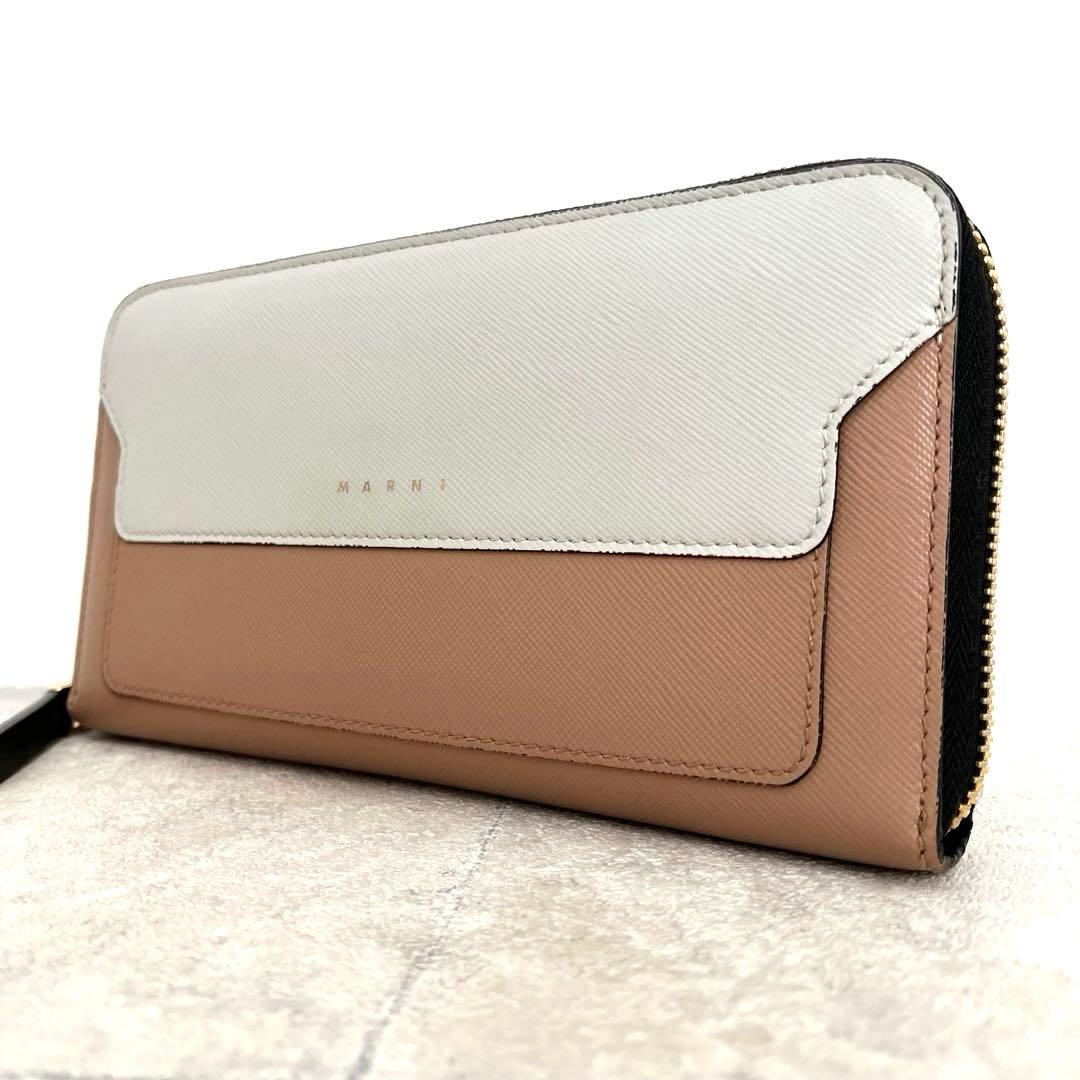 極美品✨MARNI ラウンドファスナー ロゴ サフィアーノレザー ピンクベージュ