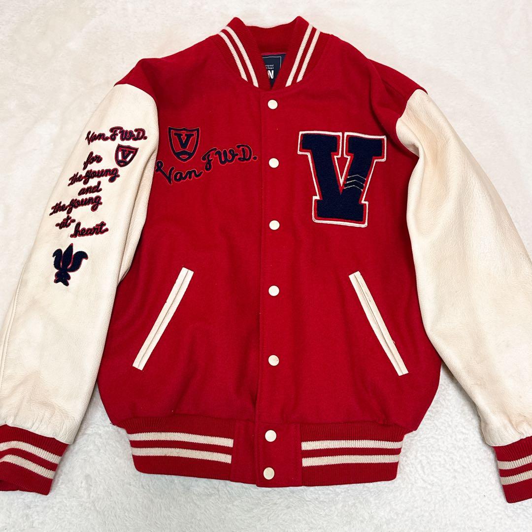 美品✨VANジャケット スタジャン L アーチロゴ 袖レザー 赤／白