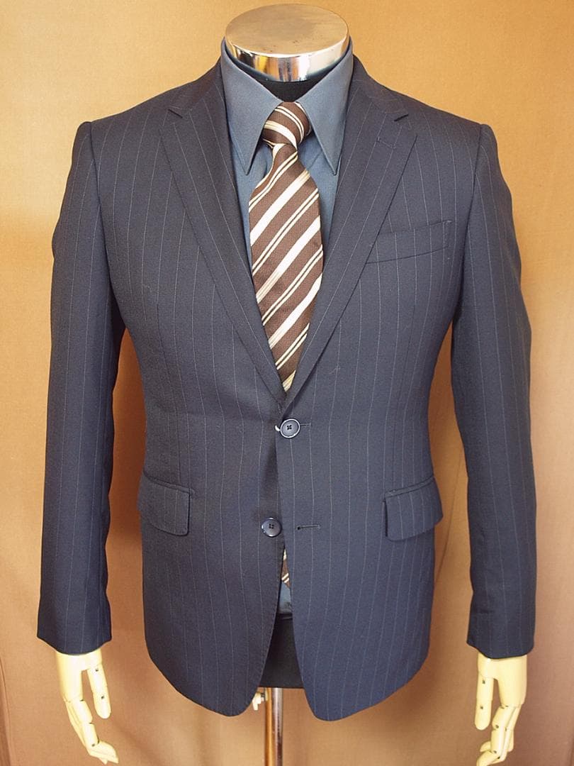 秋冬物パーソンズ２ボタン細身スーツ(Ｓ)紺地xピンストライプ柄セットアップ