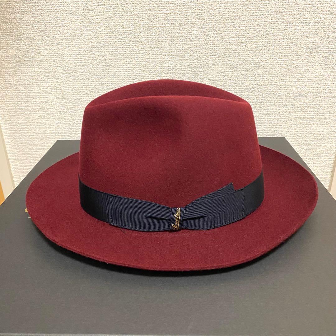 [未使用]Borsalinoボルサリーノラビット中折れハット59ワインレッド箱付
