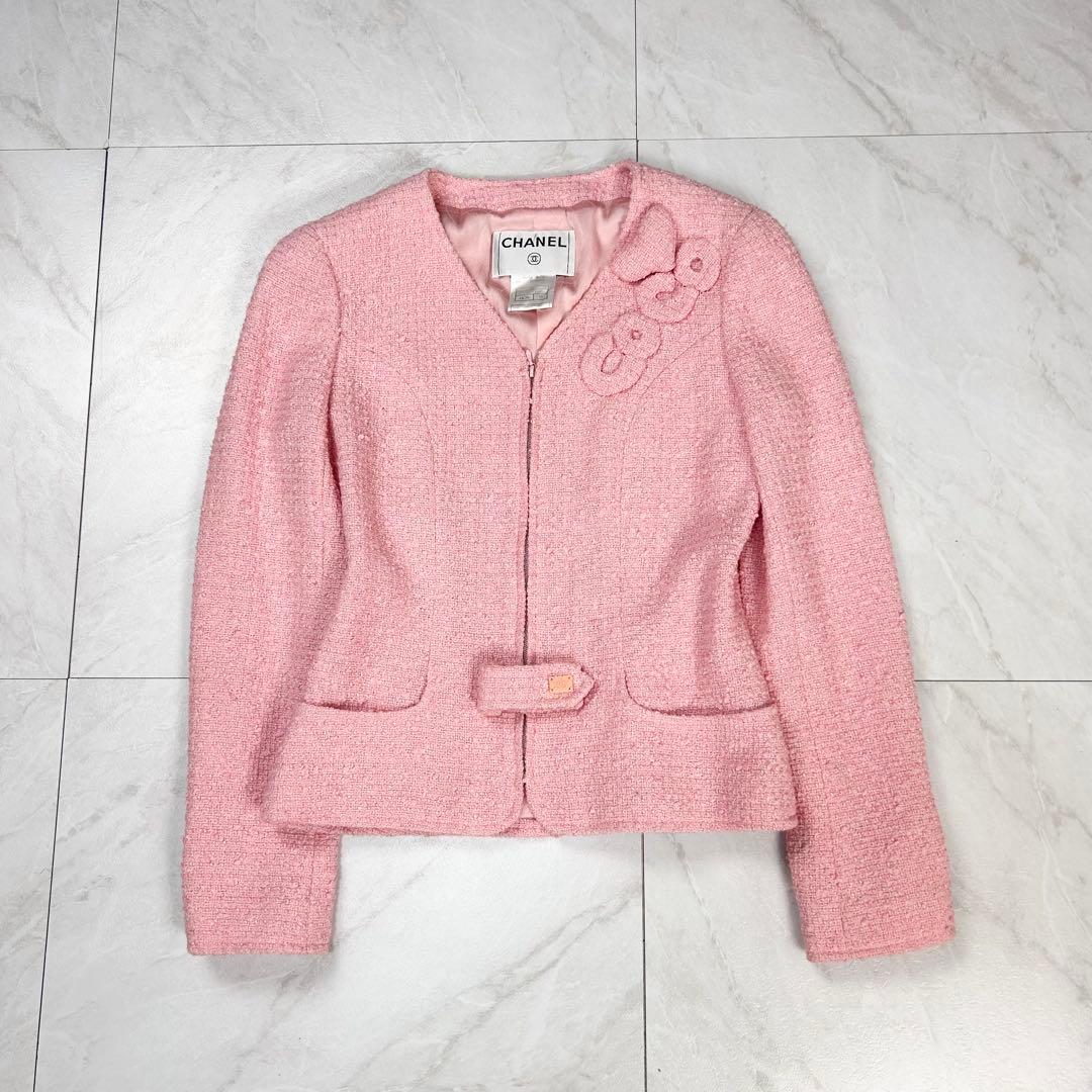美品 CHANEL 立体 COCO ロゴ ノーカラー ツイードジャケット 38