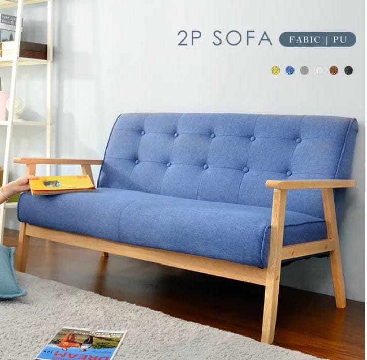 【美品＊送料込】 2人掛け ソファー ブルー 木脚＆木肘