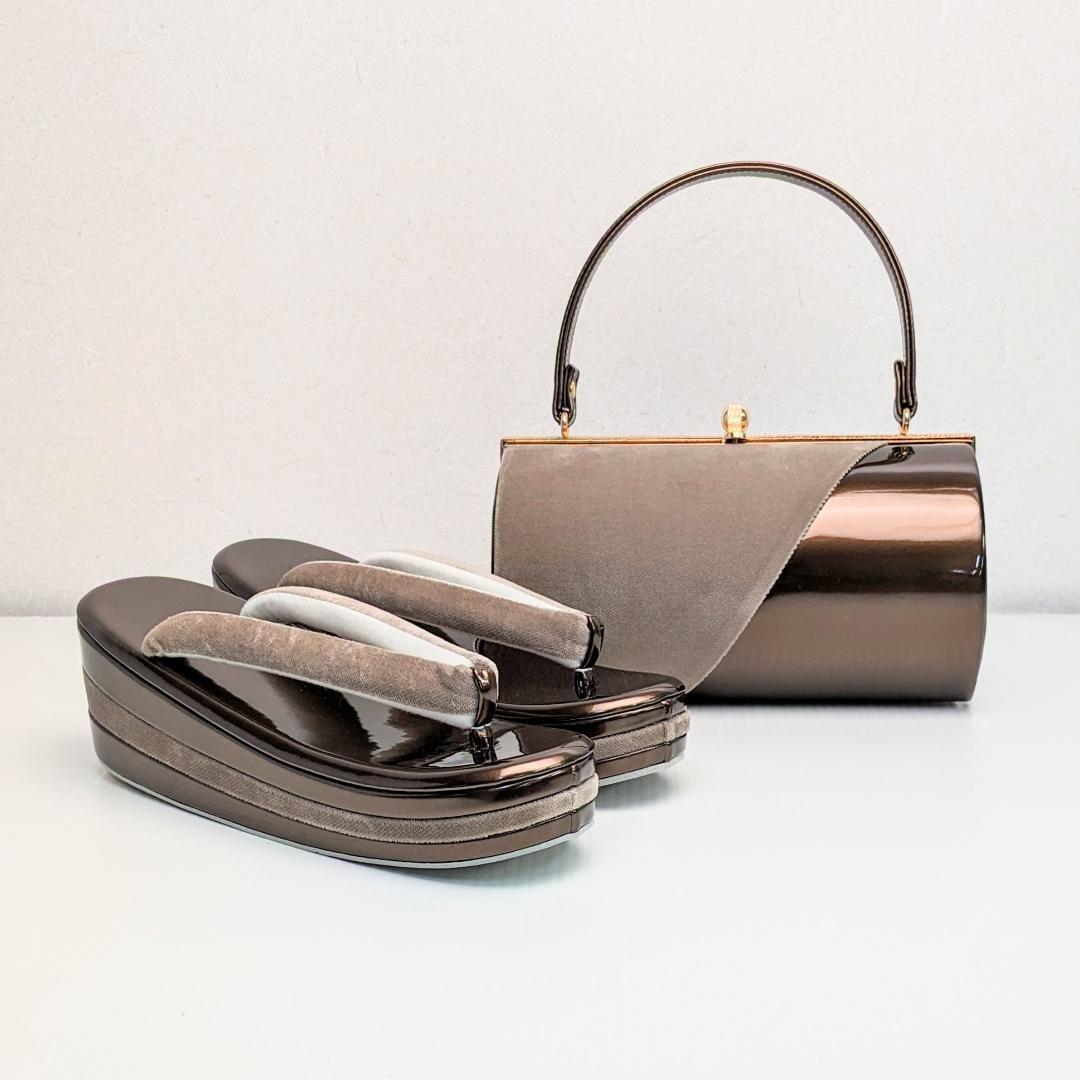 ベロア 3枚芯 ハイヒール 草履バッグ セット ブラウン w64-4