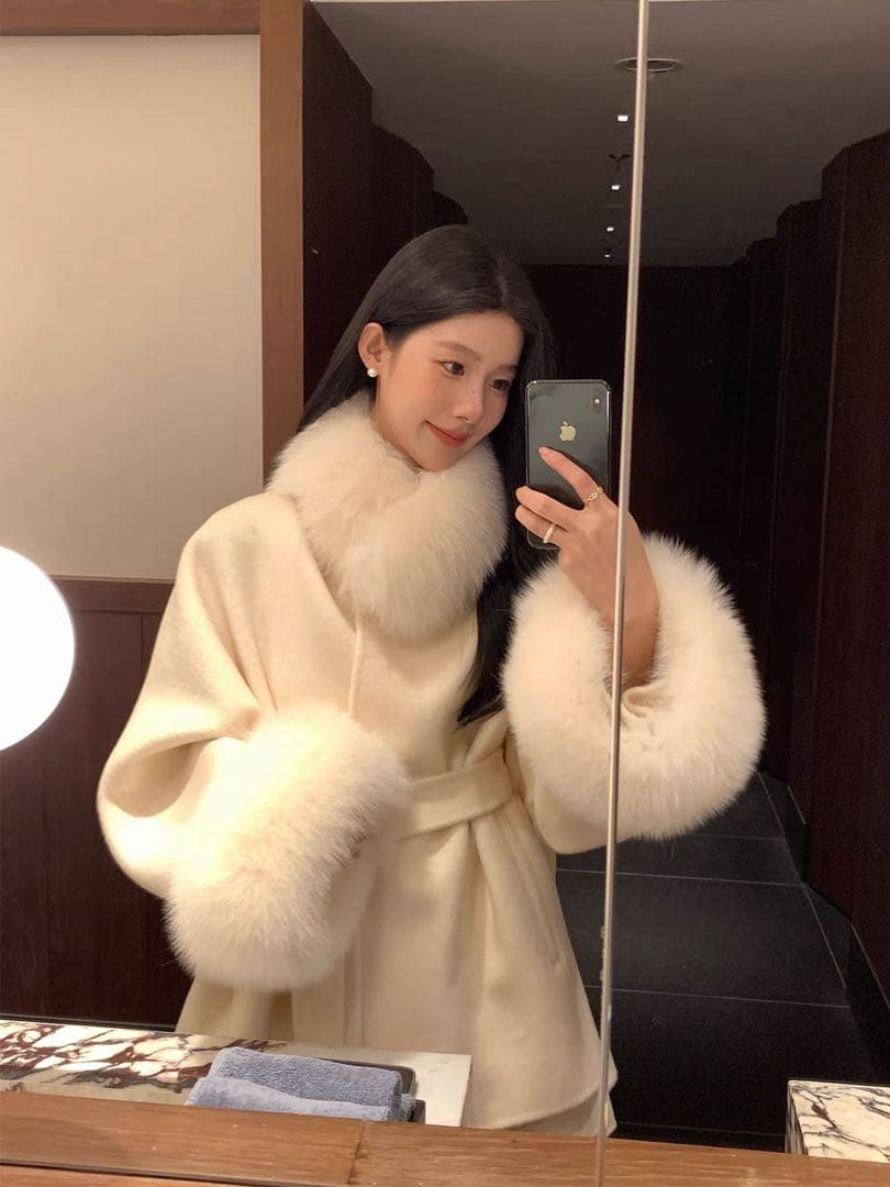 フォックスファーマフラー付きウールコート