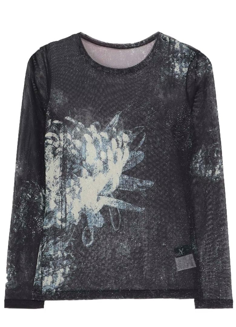 ヨウジヤマモト　GroundYメッシュ素材 長袖Tシャツ 花柄 黒