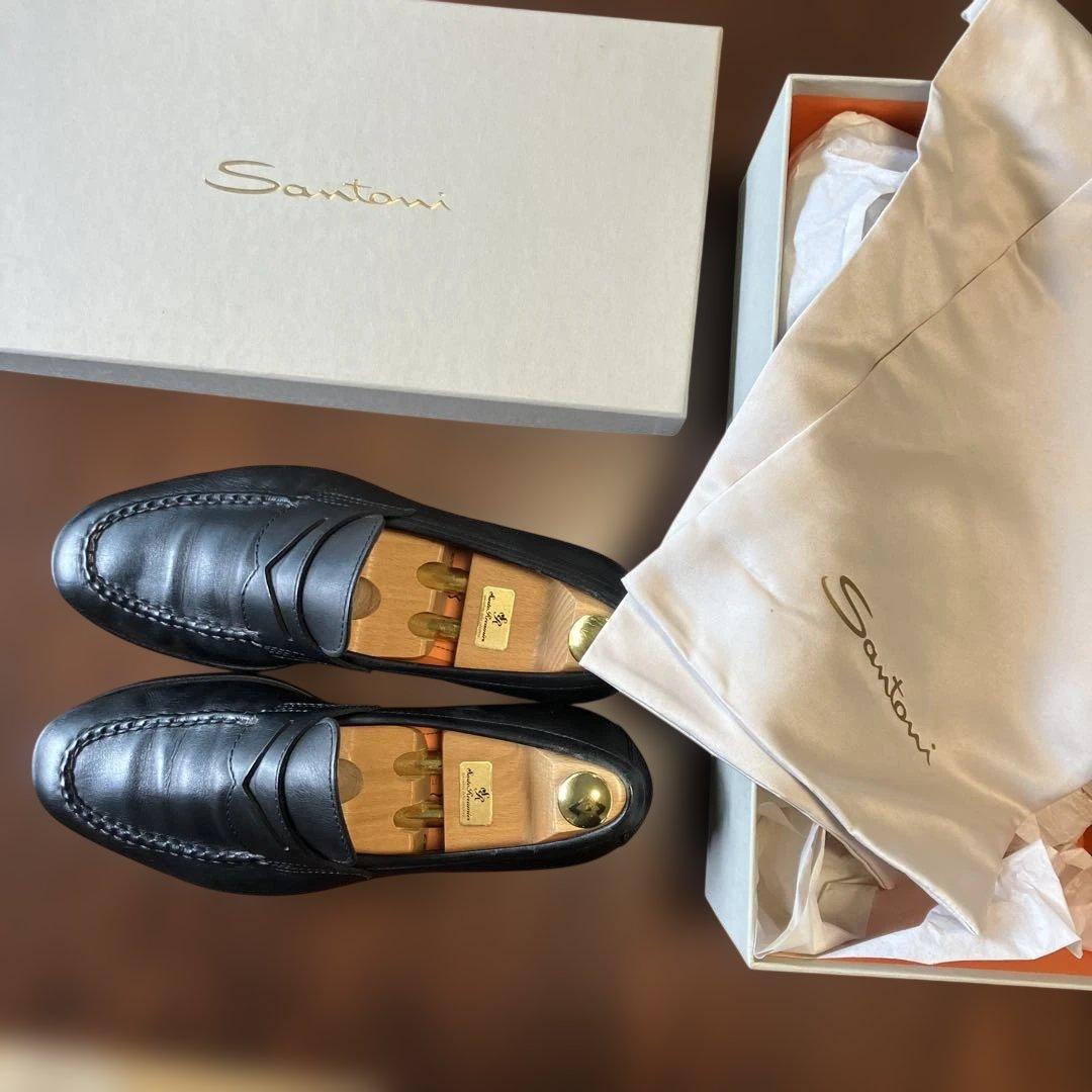 Santoni ブラック ローファー　UK8 箱、保存袋つき