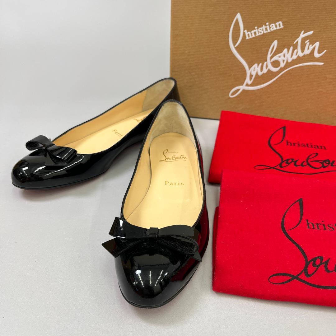 ルブタン フラットシューズ 37 24cm程度 ブラック 黒 エナメル リボン