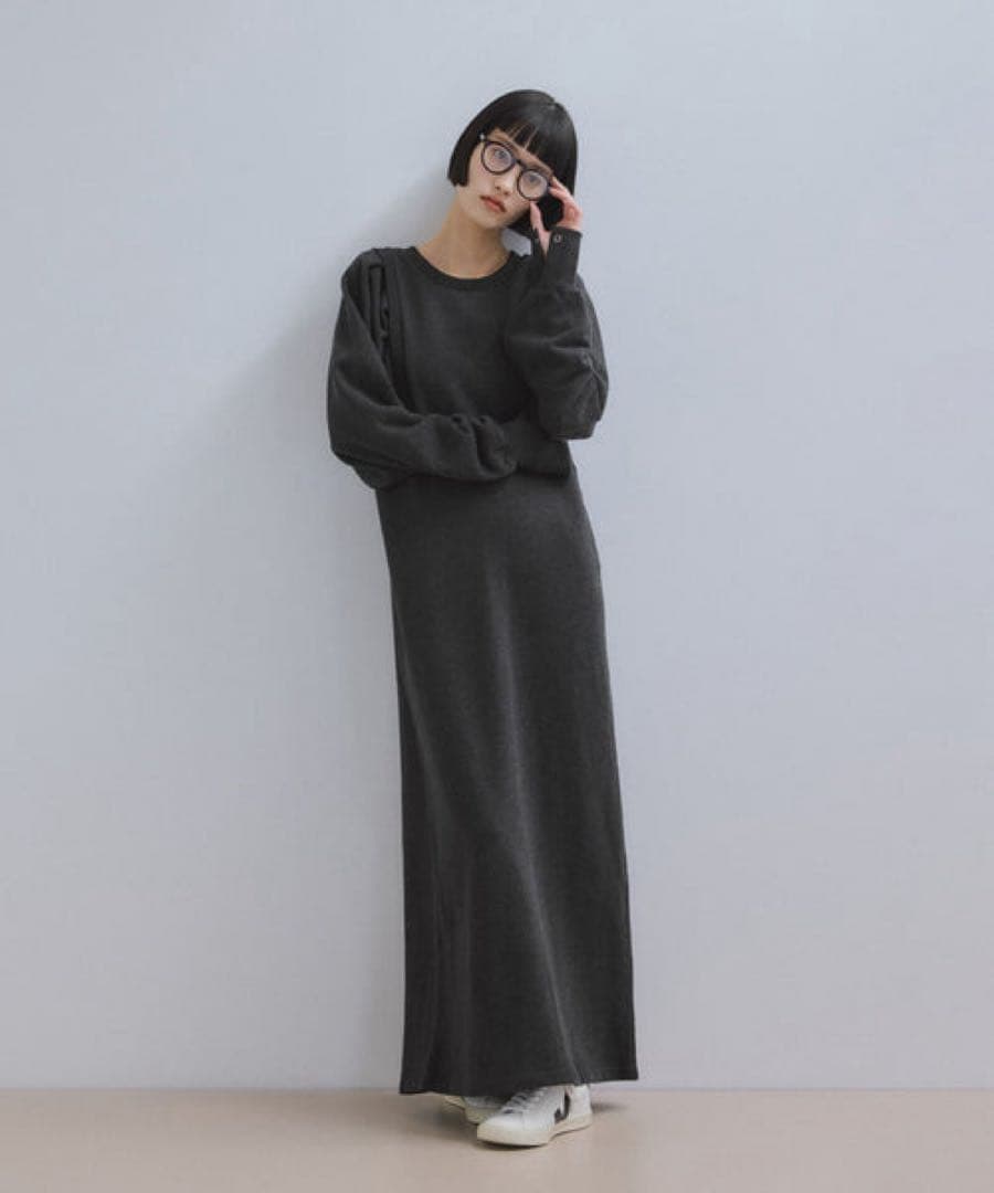 ADAM ET ROPÉ バルーンスリーブスウェットワンピース　チャコール F