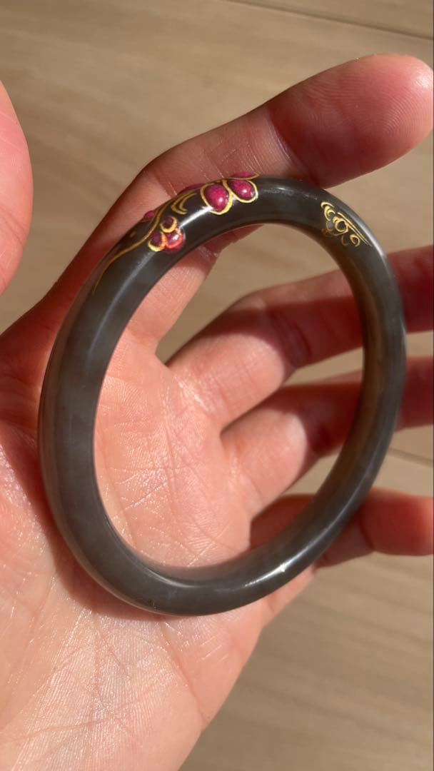 天然 和田玉 青海産 帝王紫 細め バングル 蒔絵