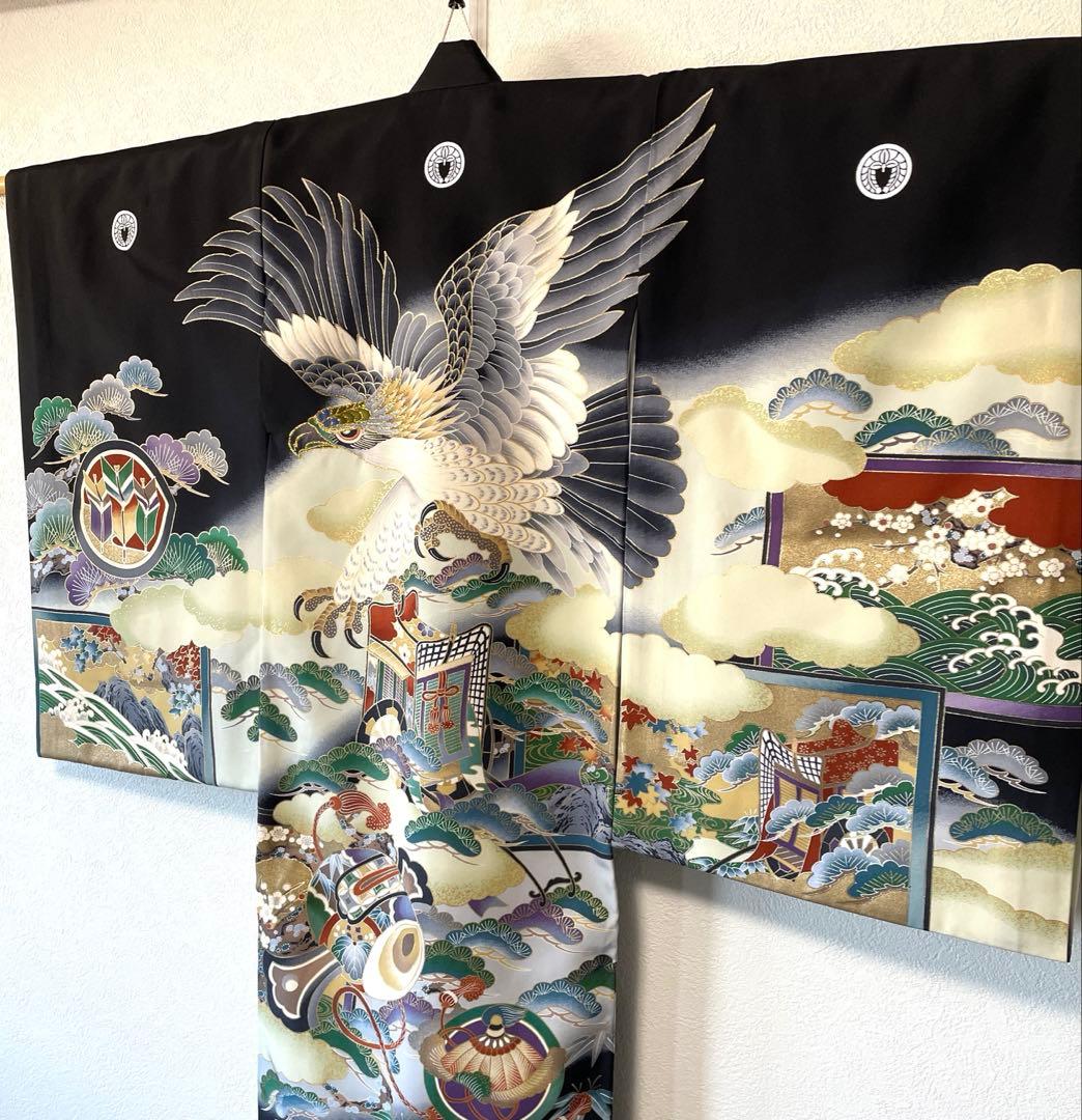 □男児　正絹　お宮参り.祝着.初着.鷹黒　美品