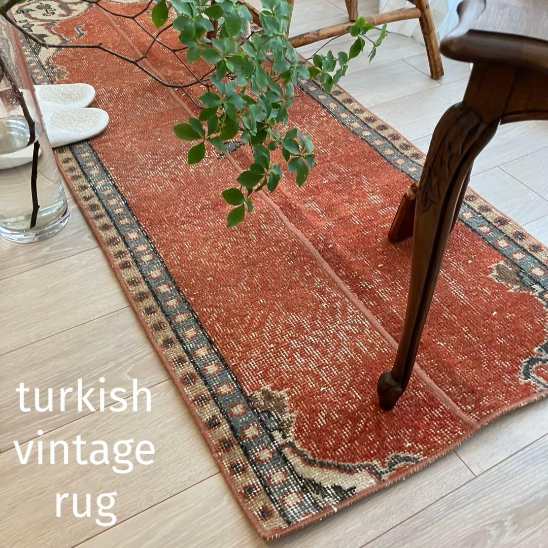 オレンジ✳︎65×187 ブルー　パッチワークランナー　トルコヴィンテージラグ