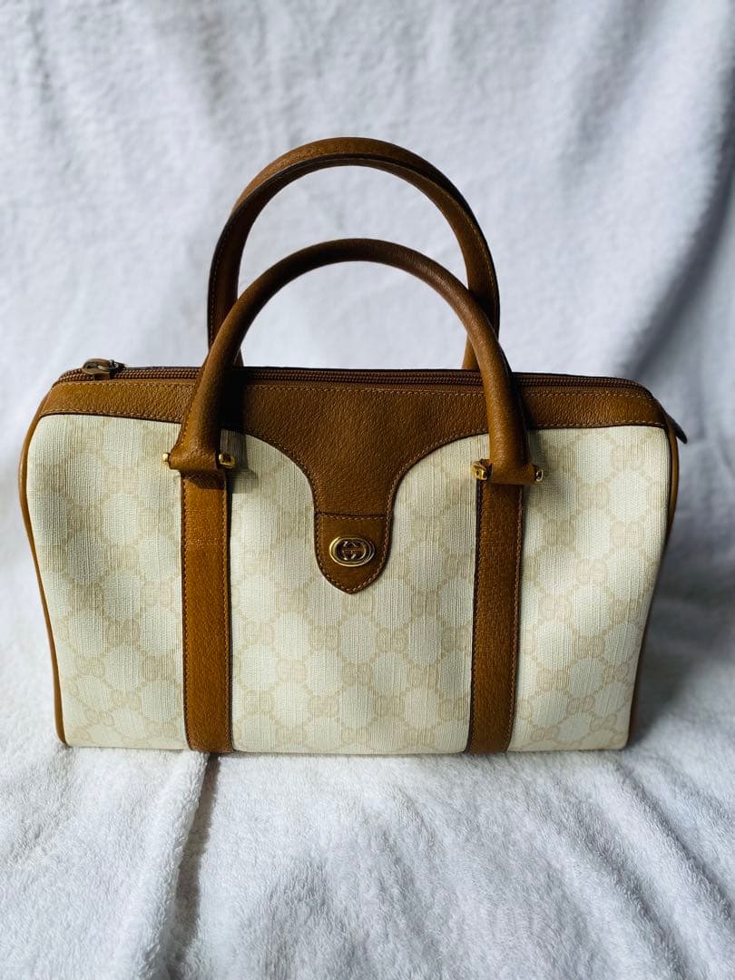 ホワイト/ブラウン ボストンバッグ