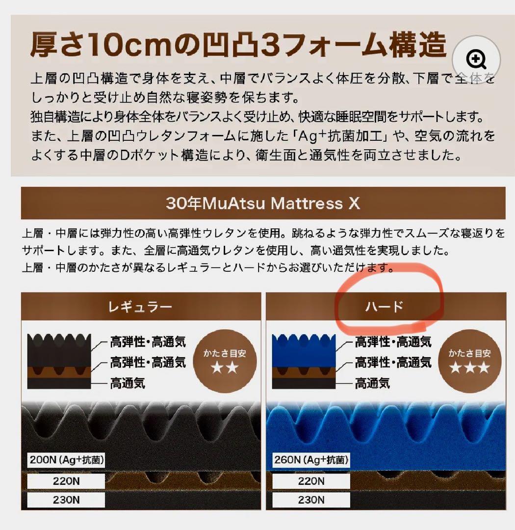 【最終値下げ】ムアツ マットレス 30年ムアツX(エックス)　ハード