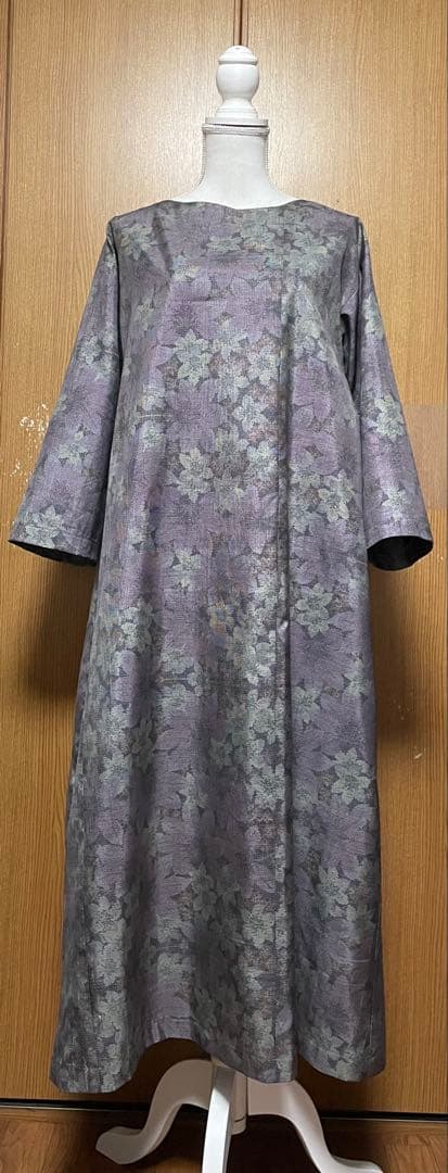 着物リメイク　大島のAラインワンピース　リボン(共布紐ベルト)付き