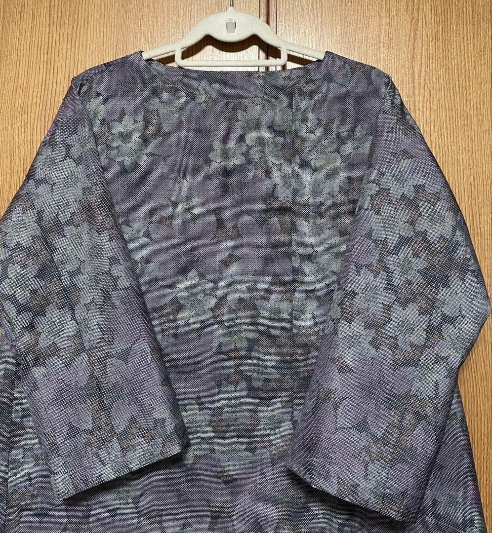 着物リメイク　大島のAラインワンピース　リボン(共布紐ベルト)付き