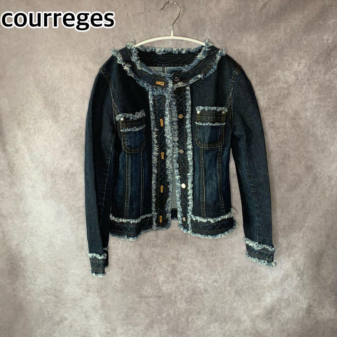 【courreges】　デニム　ジャケット　フリンジ　ノーカラー