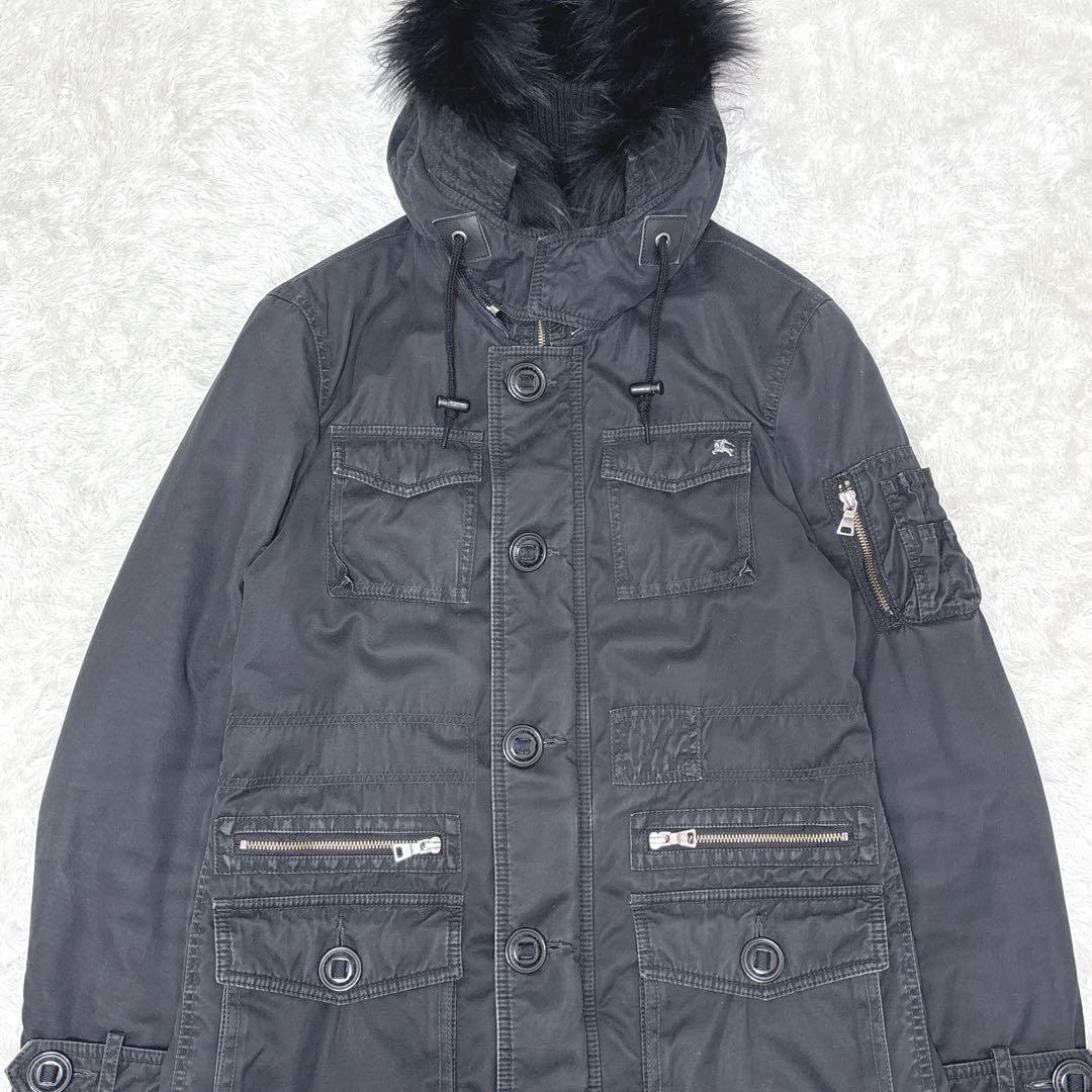 BURBERRY BLACK LABEL ラクーンファー　モッズコート ブラック