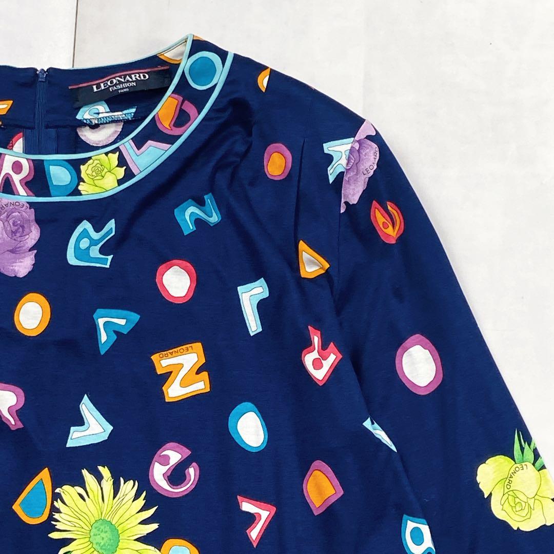 美品 トリム 薔薇 LL 花 アルファベット ロゴボタン レオナール カットソー