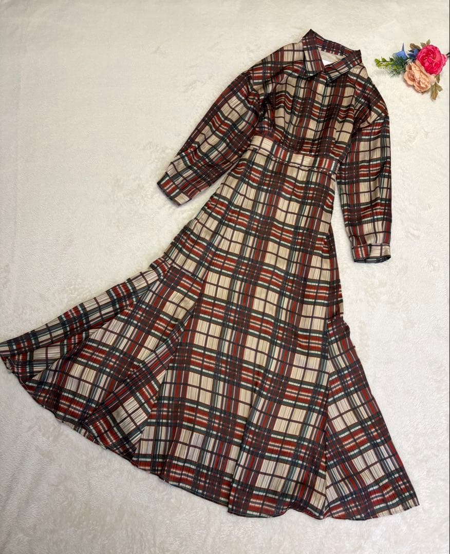 AMERI 夏帆さん着用　チェック　フレア　ロングワンピース　長袖　アメリ