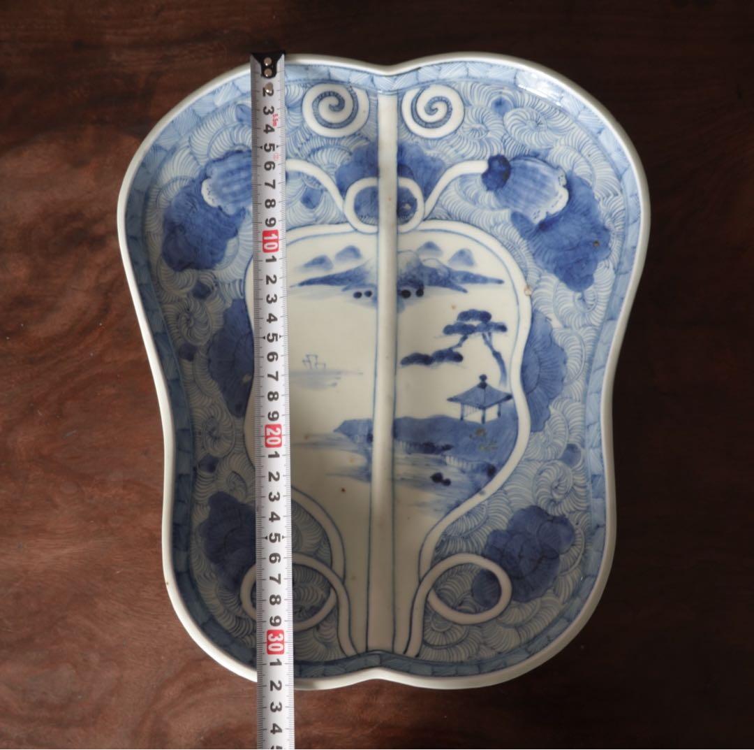送料無料　江戸時代　後期　古伊万里　染付　山水図　軍配形　大皿　飾皿　希少作品
