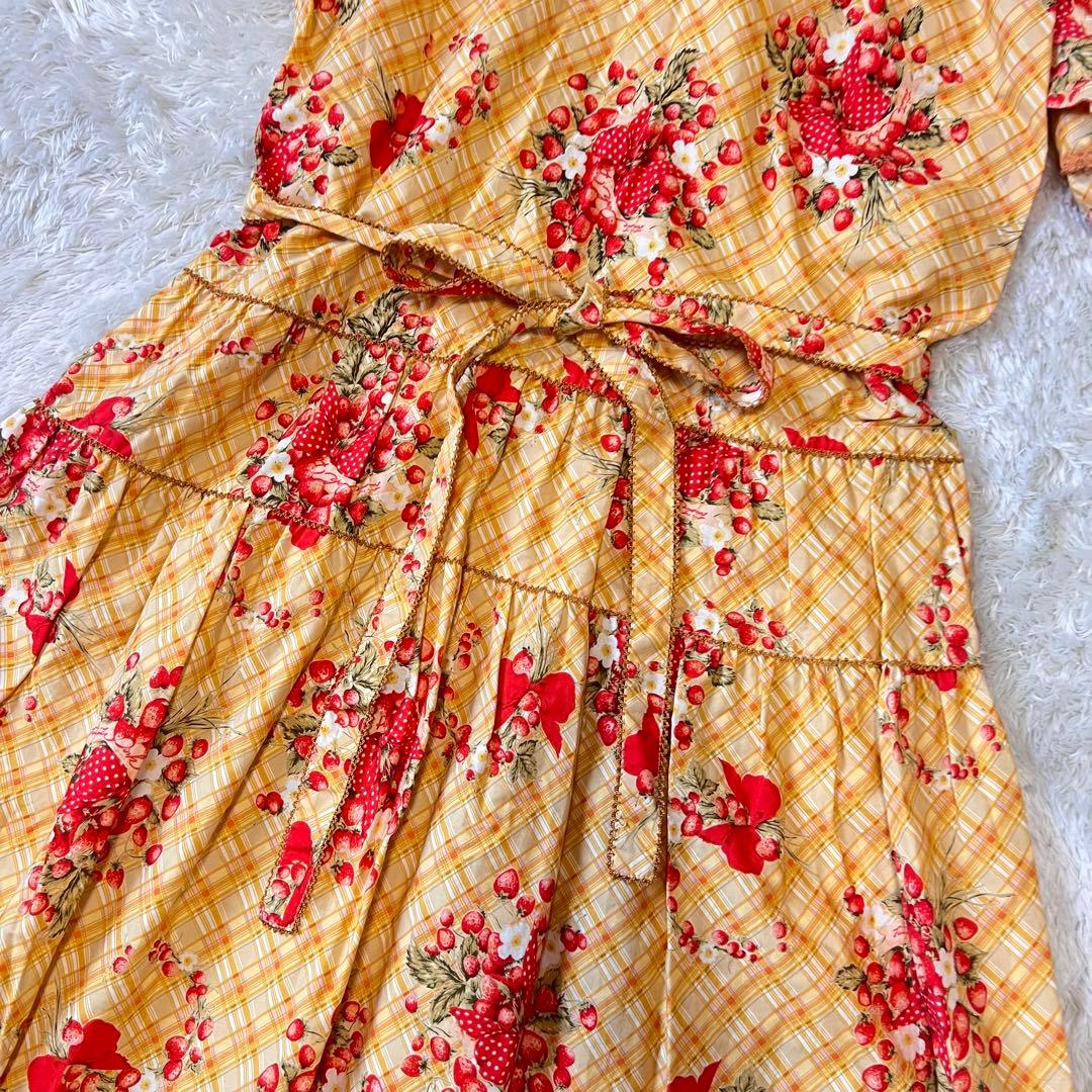 美品 ピンクハウス 苺ブーケ チェック柄 ワンピース サテンリボン はしごレース