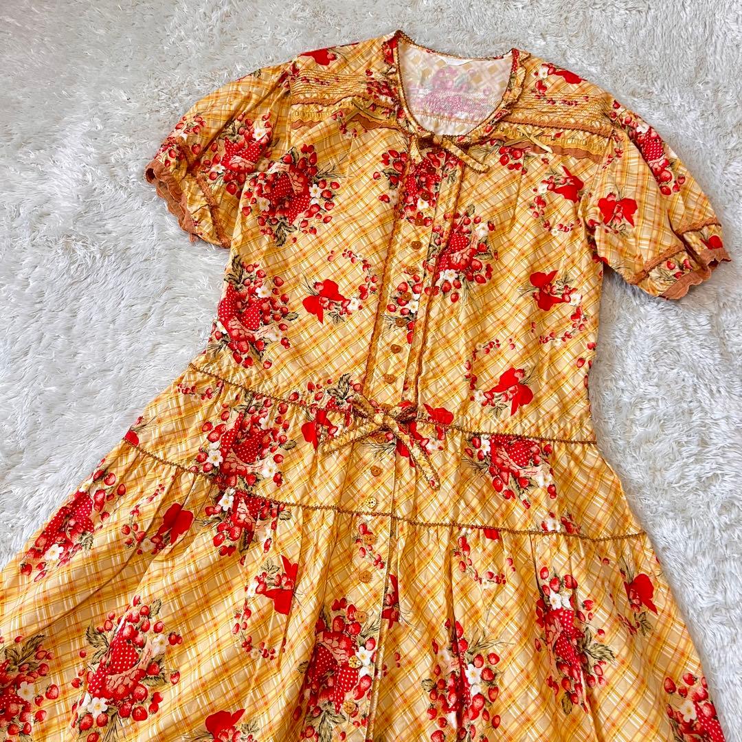美品 ピンクハウス 苺ブーケ チェック柄 ワンピース サテンリボン はしごレース