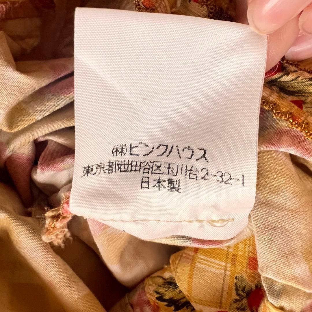美品 ピンクハウス 苺ブーケ チェック柄 ワンピース サテンリボン はしごレース