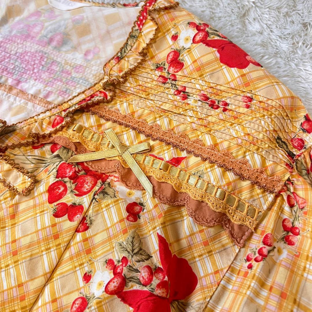 美品 ピンクハウス 苺ブーケ チェック柄 ワンピース サテンリボン はしごレース