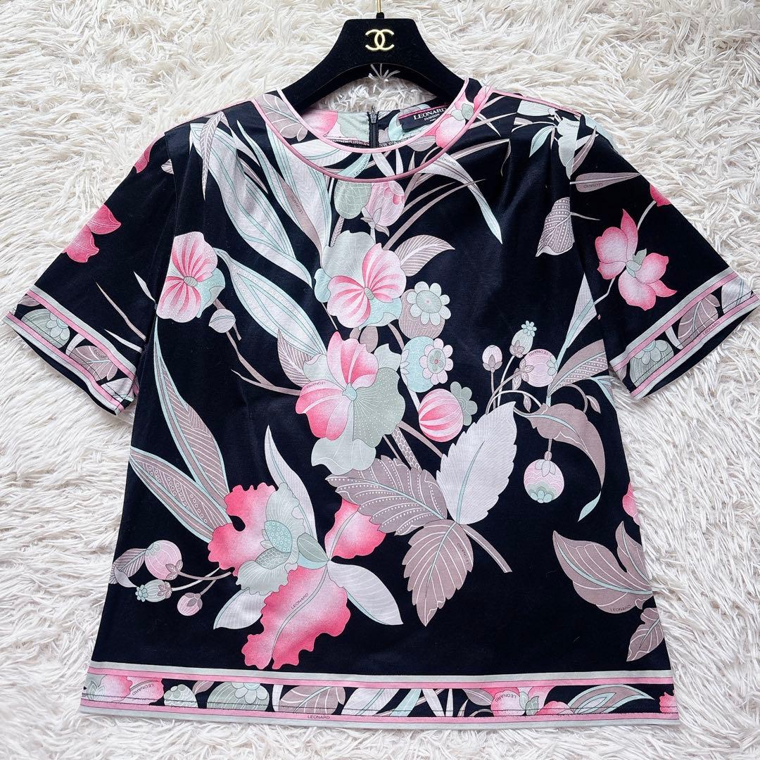極美品✨レオナール 半袖カットソー 総柄 花柄 トリム LL