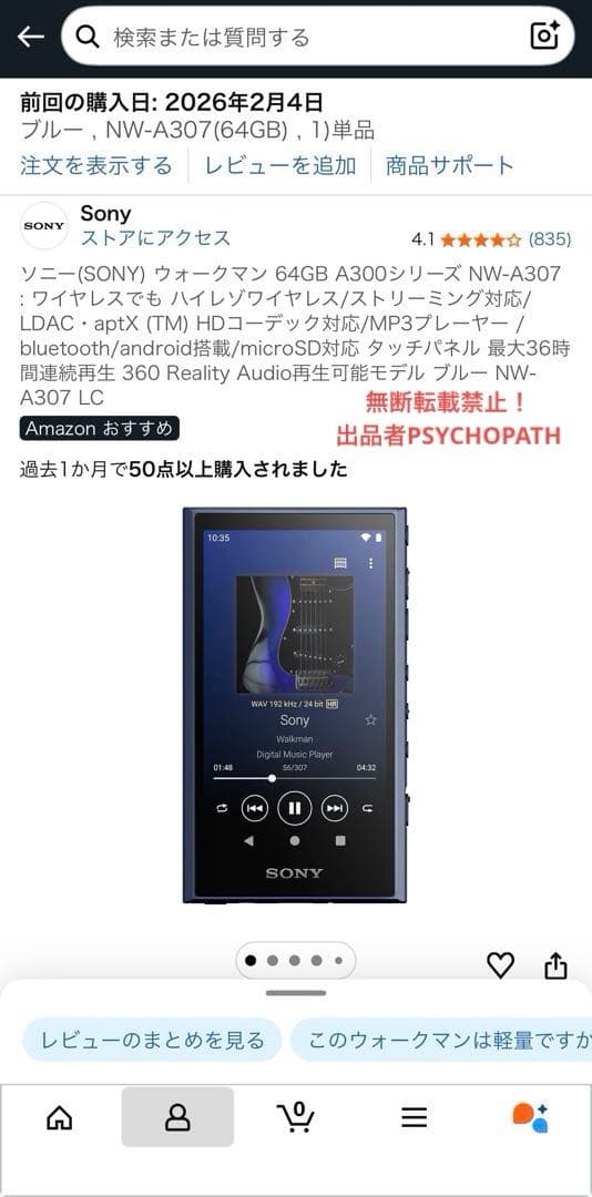 SONY NW-A307 64GB フィルム・SanDisk SD256GB付