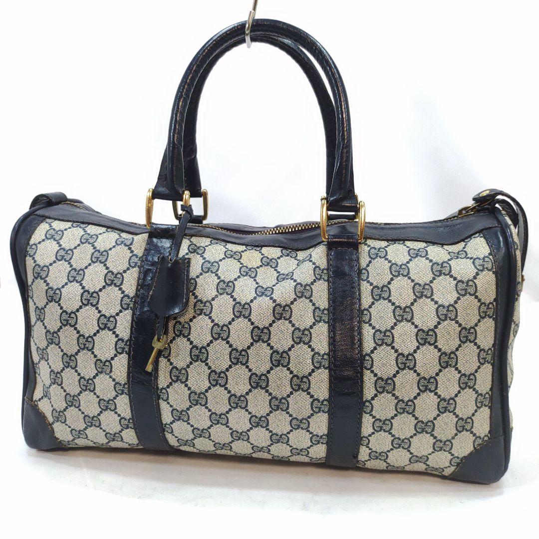 グッチ ボストンバッグ 旅行鞄 レザー×PVC A4可 GG柄 ネイビー 鍵付