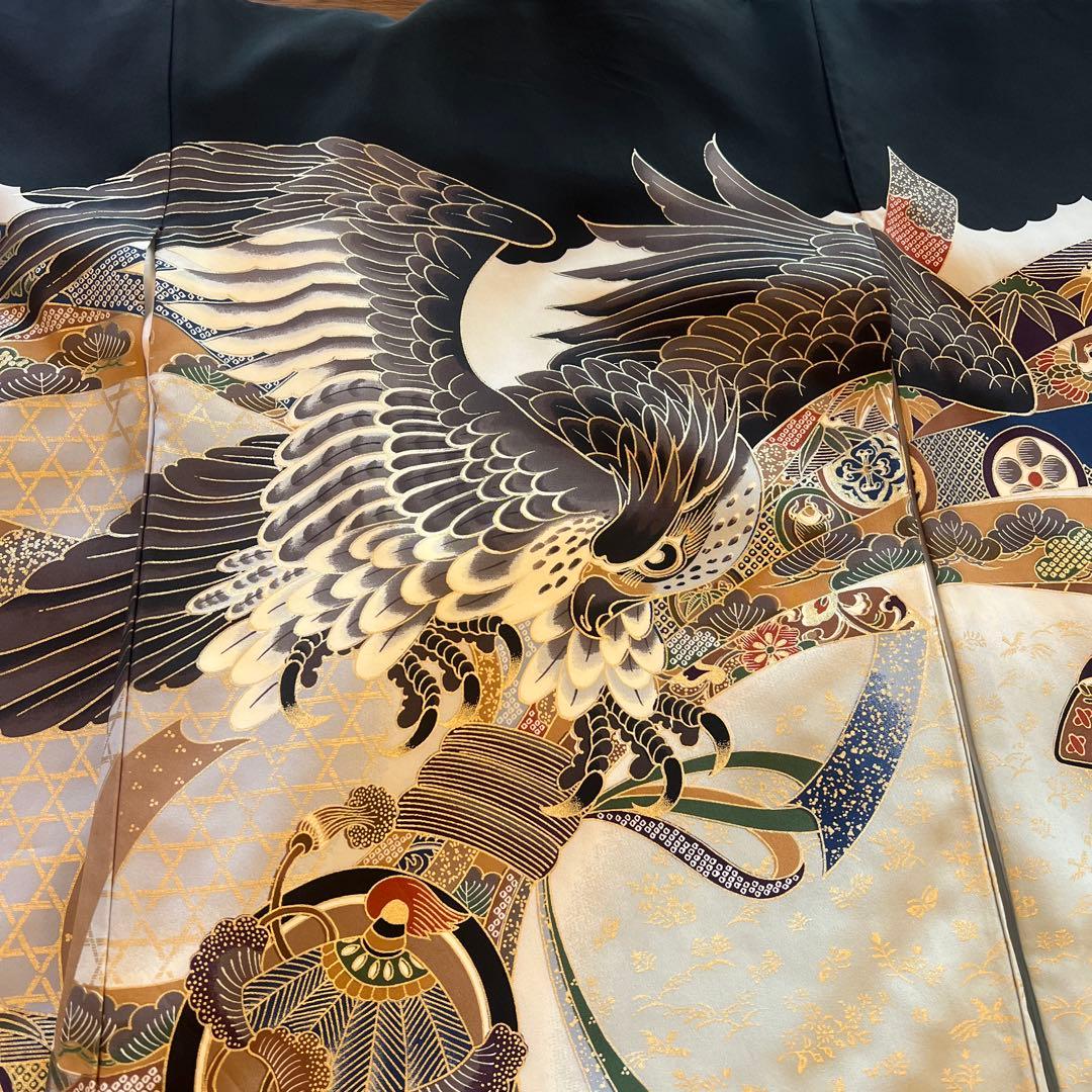 鷹　正絹　男の子お宮参り着物　産着長襦袢付き　スタイ　帽子