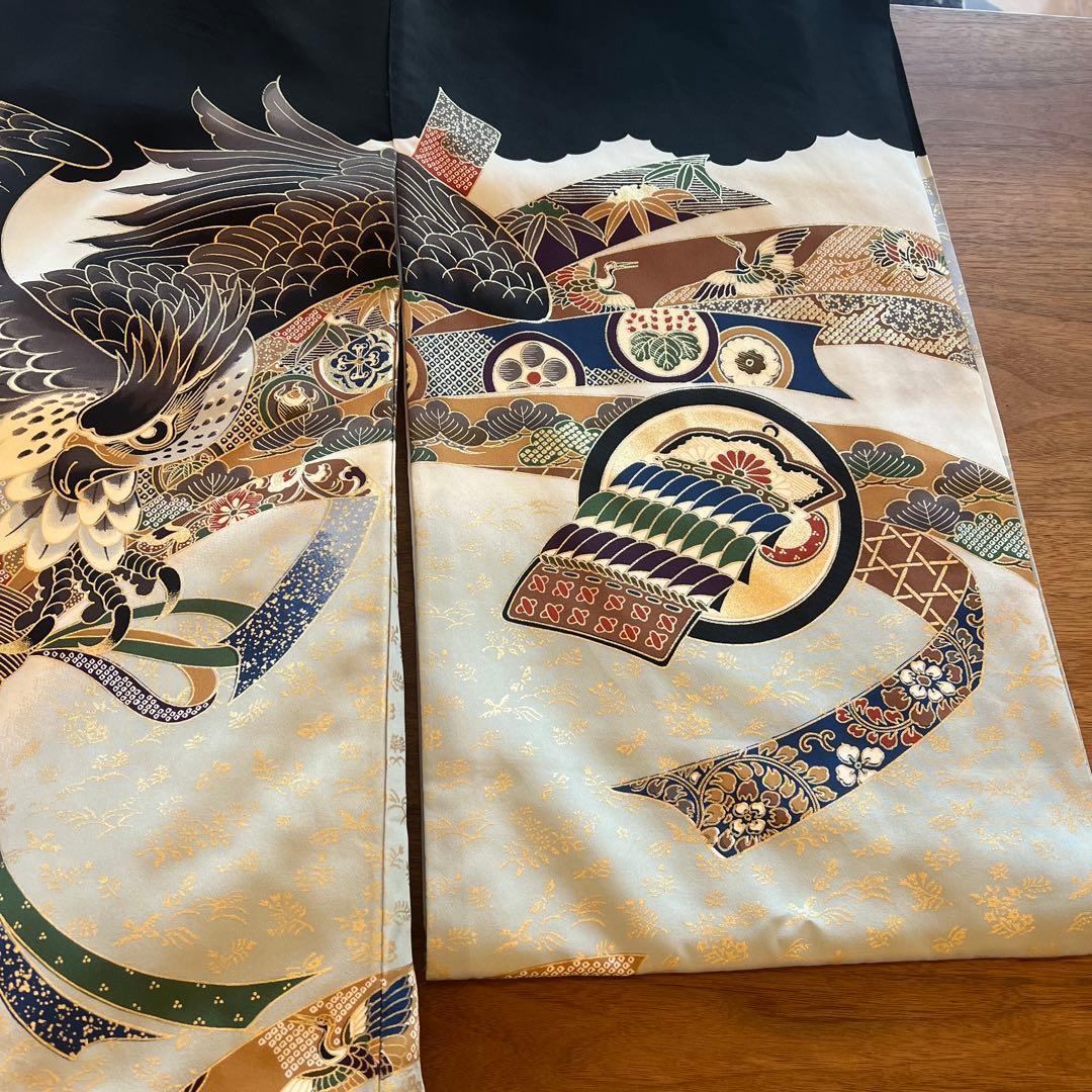 鷹　正絹　男の子お宮参り着物　産着長襦袢付き　スタイ　帽子