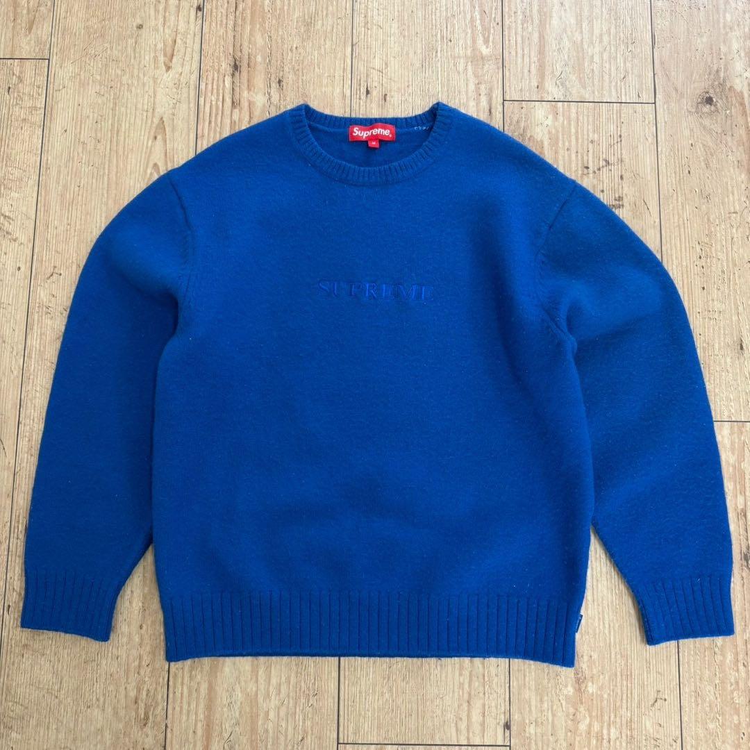 Supreme 刺繍ロゴ　ウール混素材　青　Mサイズ　ニット　セーター