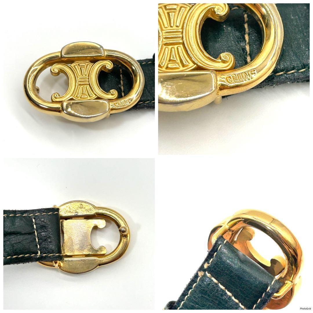 美品　セリーヌ　CELINE　ベルト　レザー　トリンオフ　ゴールドバックル　緑