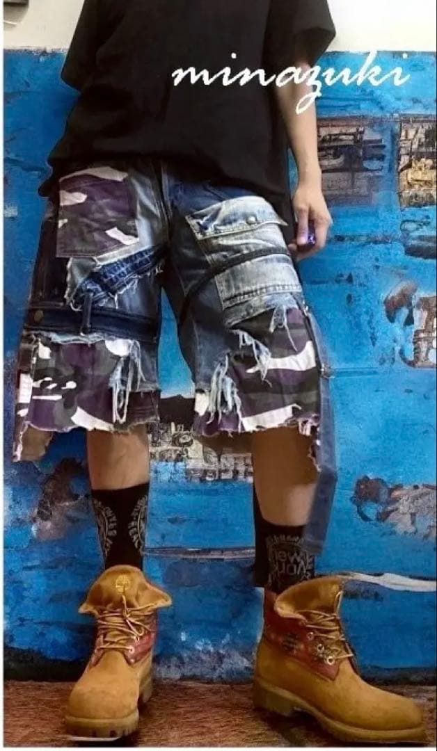 タイムセール！古着デニム☆解体×再構築☆ ハーフショートパンツ☆ミリタリ☆ 迷彩