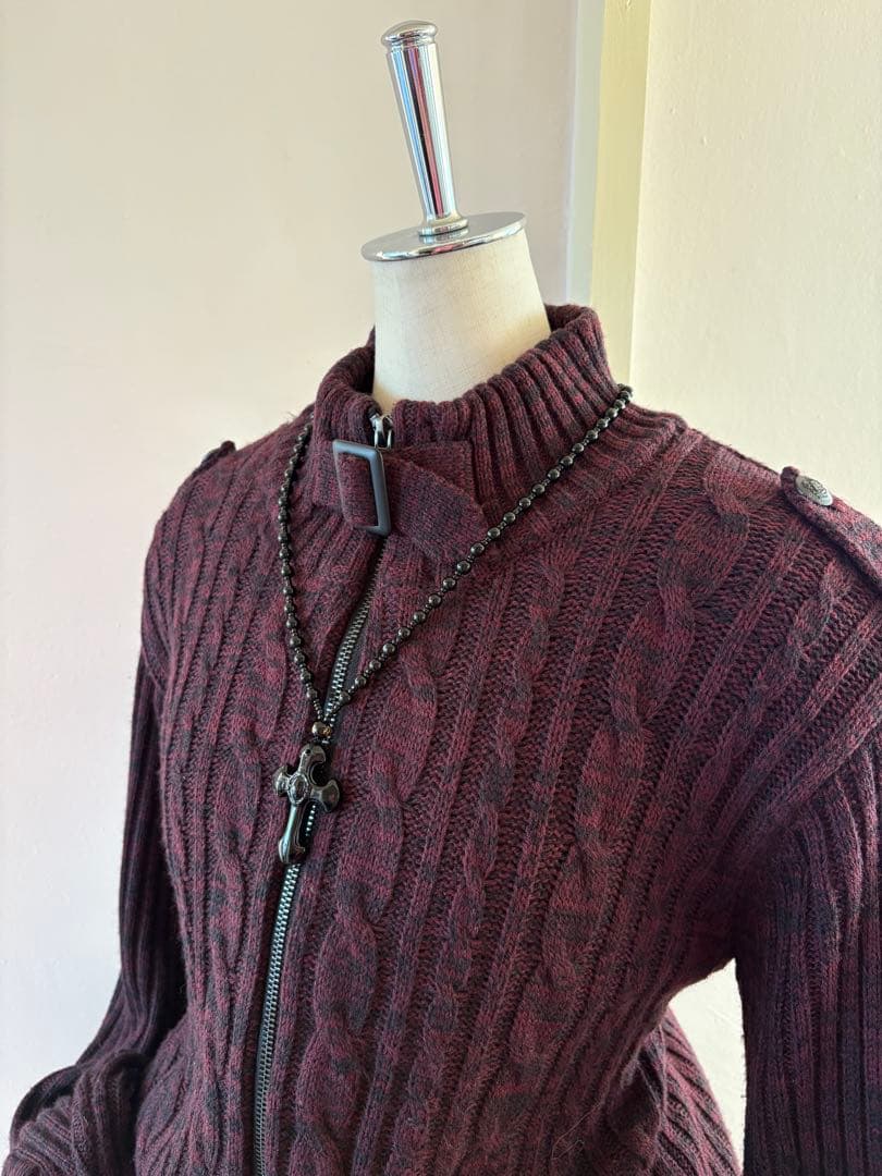 y2k 00s当時物 マーブルニット裏ボア ライダース ケーブル編み 平成ギャル