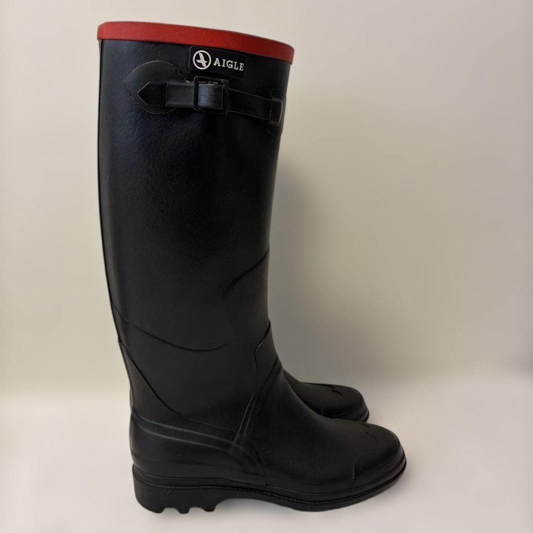 AIGLE 黒ロングブーツ 赤トップバンド 25.5~26.0