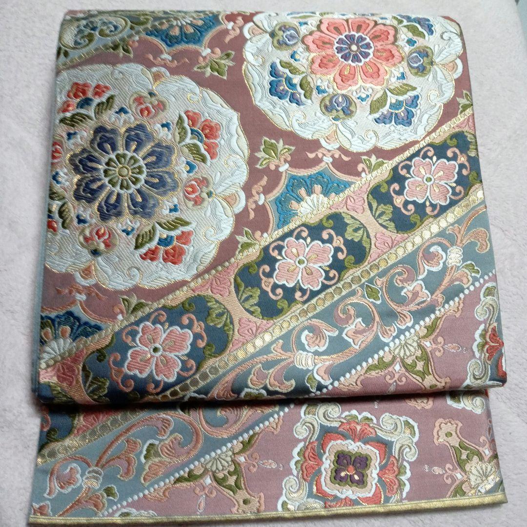 値下げ依頼受付　袋帯　細かく美しい刺繍　本金箔　31×432㎝　金ピンクグレー青