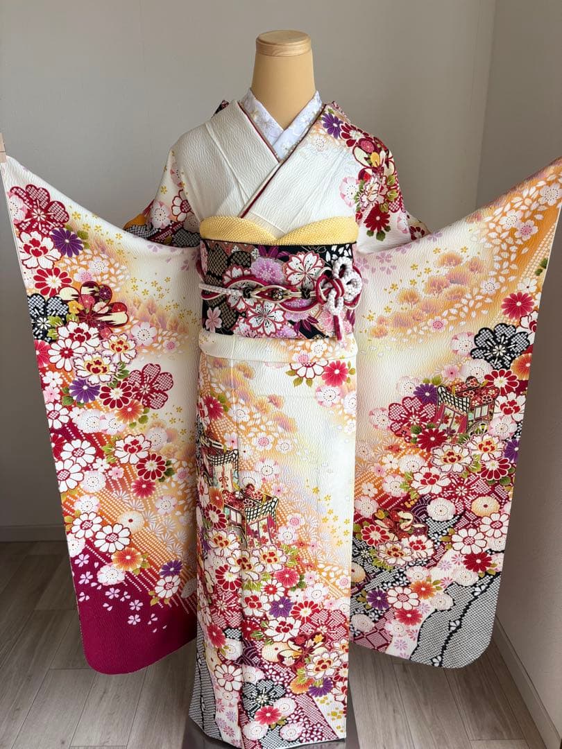 期間限定価格（2/1まで！）⭐️可愛い振袖フルセット　成人式　正絹　袋帯　白地系