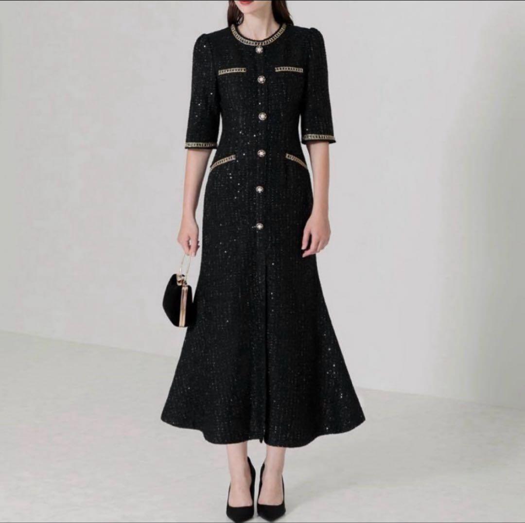 今週まで！Leja ラメ混ツイードレザーパイピングマーメイドロング丈ドレス