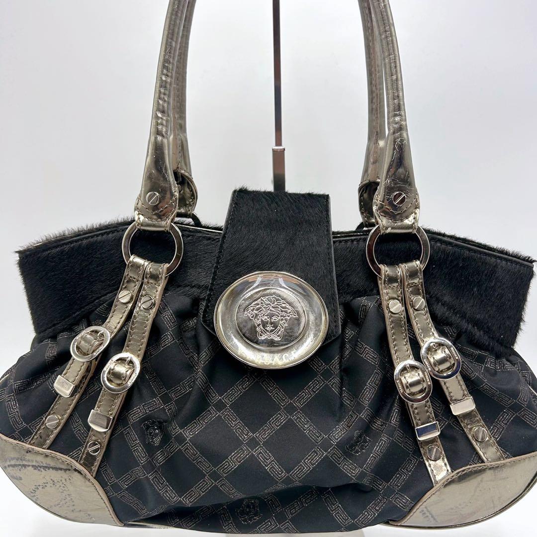 VERSACE ハンドバック グレカ模様 メデューサモチーフ 総柄 ファー