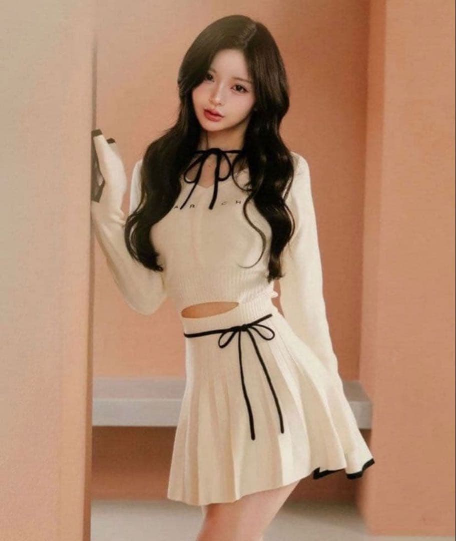 darich ウエストオープンリボンデザインニットミニワンピース